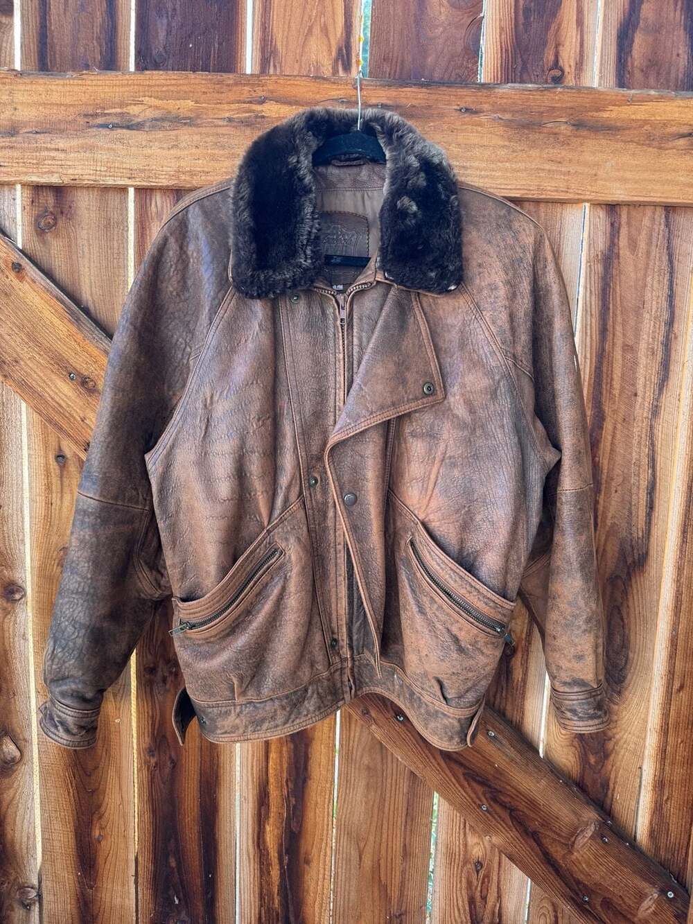 Tabbah Vintage Brown Leather Bomber Jacket with Faux Fur Collar